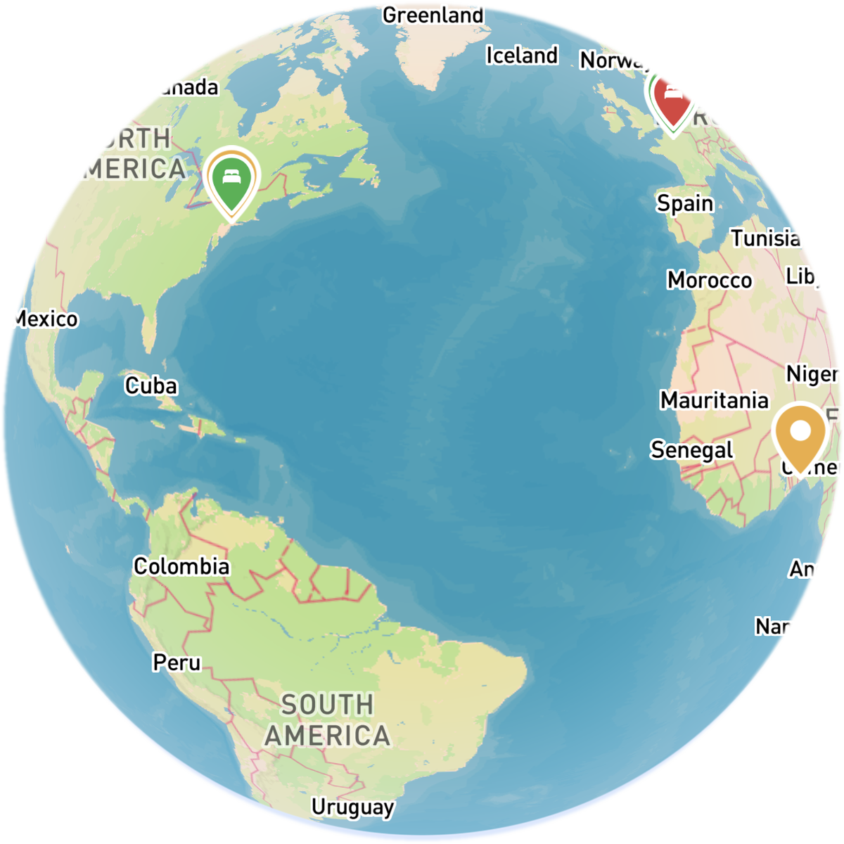 The ROAM globe with rated cities and hotels pinned