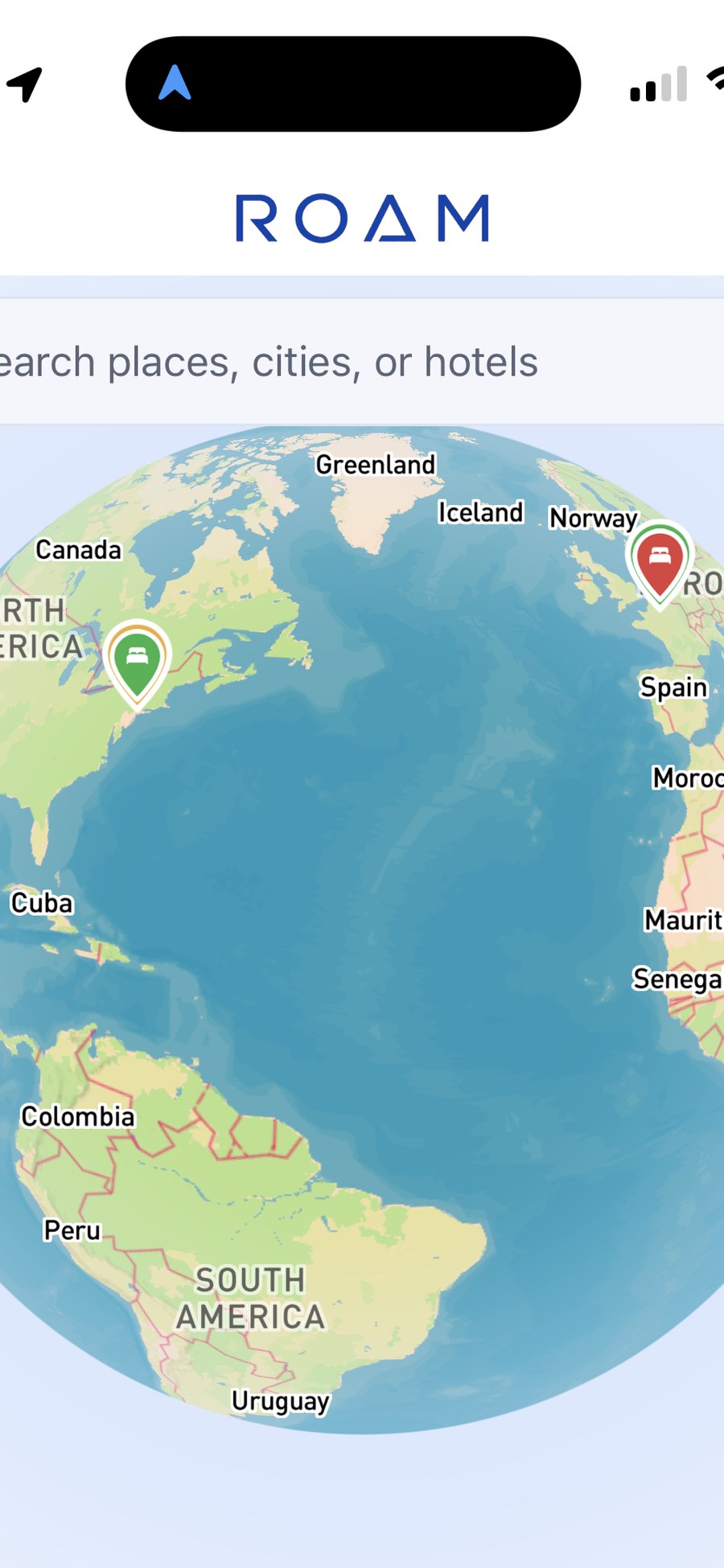 The ROAM globe with rated places pinned
